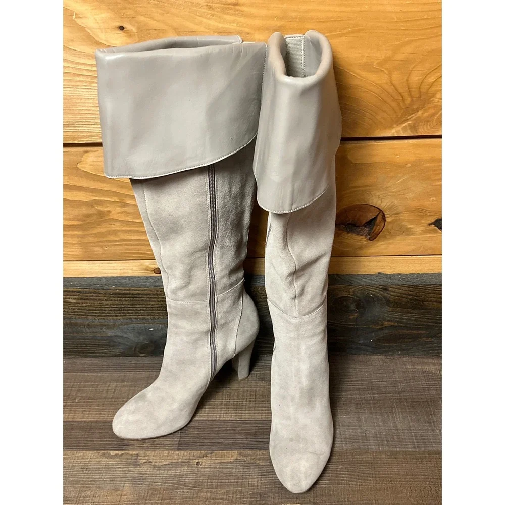 White‎ House Black Market Suede Leather Fold Over the KneeTall Boots Gray 7.5M